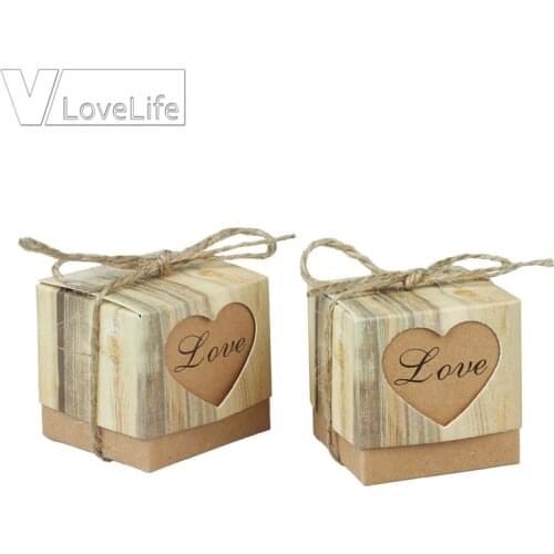 100pcs/lot Heart Candy Box for Wedding Decoration Romantic Vintage Kraft Wedding Box Favors and Gift Box with Burlap Twine Chic