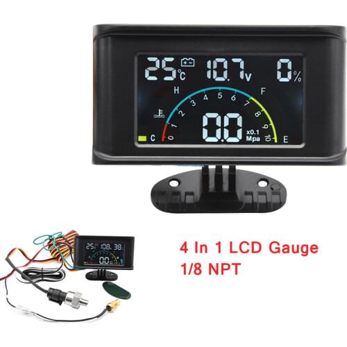 4 In 1 LCD Alarm Gauge Meter with Sensors Volt Gauge Voltage 12V 24V Pressure Gauge for Auto Car Truck Water Temp Gauge 1/8 NPT