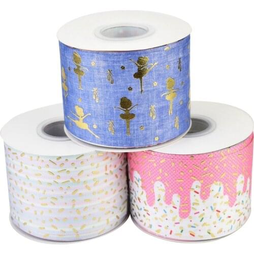 50yards 75mm Gold Foil Ballerina Ballet Candies Grosgrain Ribbon For DIY Accessories Welcome Custom Printed