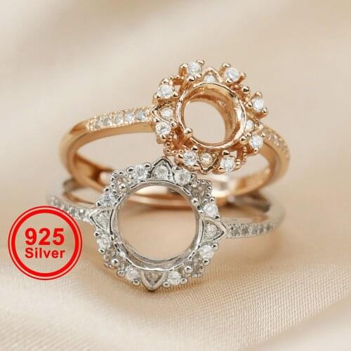 6-8MM Flower Round Prong Bezel Rose Gold Plated Solid 925 Sterling Silver Adjustable Ring Settings Gemstone 1210051