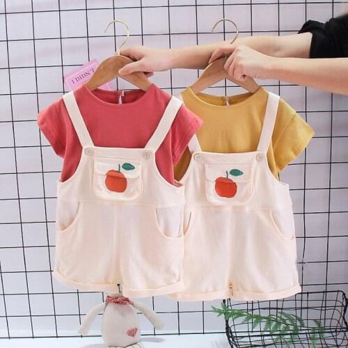 Baby Girls Clothing Sets Summer Apple Cotton T-shirt And Overalls 2Pcs Birthday Present Party Suits 1-4 Years Children Clothing