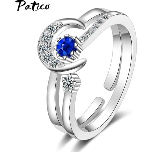 Adjustable Crystal Moon Shape 925 Sterling Silver Bridal Sets Rings For Women Promise Wedding Engagement Ring Jewelry