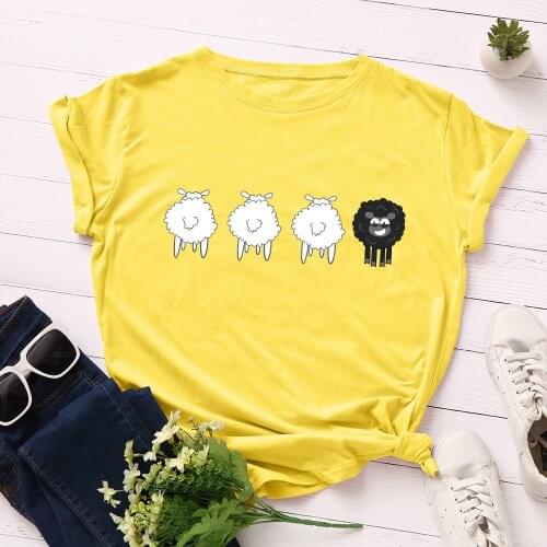 Summer Fashion Shirt Cute Sheep Graphic T Shirt Women Tops Base O-Neck Black Tees Animal Funny Girls Tshirt
