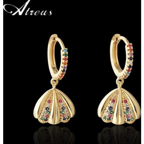 Copper Micro Pave Zirconia Round Hoop Earrings for Women Shining Shell Shaped Small Gold Color Earring Pendant Jewelry Gifts