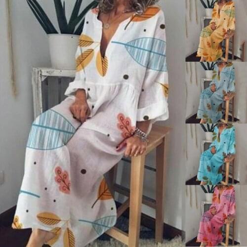 Fashion Women Dress Summer 2020 Leaves Print Long Sleeve Party Beach Long Dresses Ankl-Length Ladies Dress Sundress Plus Size