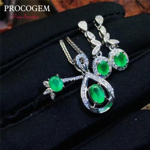 Trendy Natural Emerald Jewelry sets for Women Mothers Day gifts Necklace Ring Earrings Real Green gems 925 Solid Silver #609