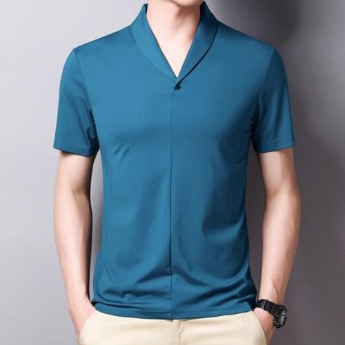 Mens Shawl Neck Polo Shirt Men Short Sleeve Summer Top Cotton Viscose Blend Solid Color V-neck T-shirt Brand Poloshirt Black New