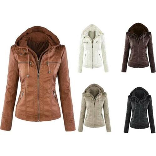 US Womens PU Leather Zipper Detachable Hooded Jackets Costs Drawstring Outwear