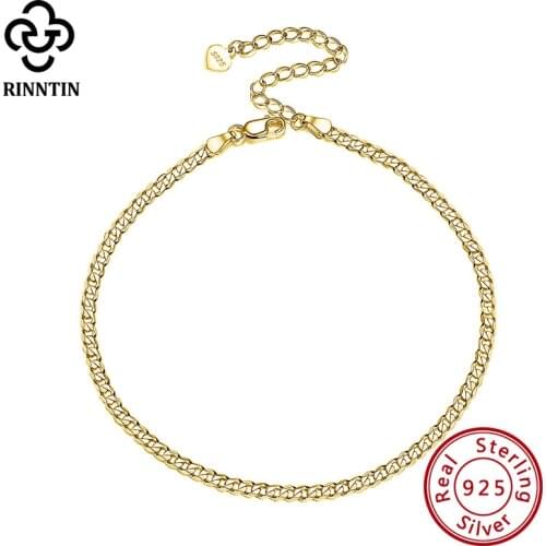 Rinntin 925 Sterling Silver Cuban Chain Anklets for Women Fashion Adjustable 14K Gold Foot Bracelet Ankle Straps Jewelry SA11