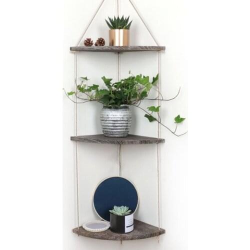 Retro Hanging Rack Corner Shelf Displays Storage Rack Jute Rope Wood Wall Floating Shelves Wall Decoration Home Storage Holders