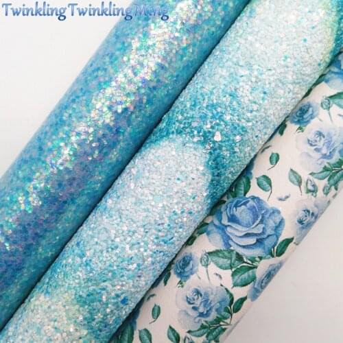 BLUE Glitter Fabirc, Faux Leather Fabric, Flowers Arrow Synthetic Leather Fabric Sheets For Bow A4 21x29CM Twinkling Ming XM562