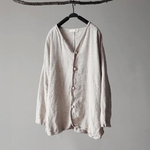 Johnature Women Shirts Cotton Linen 2021 Autumn New Long Sleeve V-Neck Button Vintage Casual Blouses Women Tops