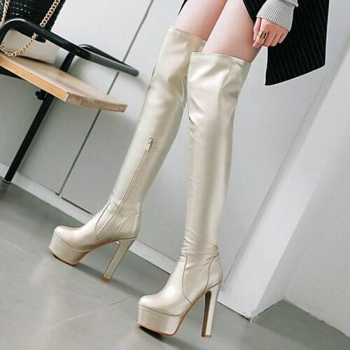 2020 Women Over the Knee Boots Platform Square Heel Women Long Boots Fashion Zipper Women Winter Boots Patent PU Leather Shoes