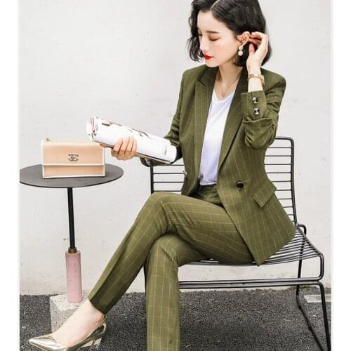 Womens suit autumn and winter fashion plaid Korean double-breasted professional suit wild trousers suit two-piece suit