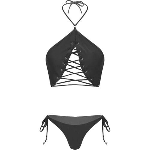 YiZYiF Two Piece Swimwear for Women Bathing Suits Halter Padded Bras Bikini Thong Set Female Sexy Hollow Out Beachwear Swimsuits