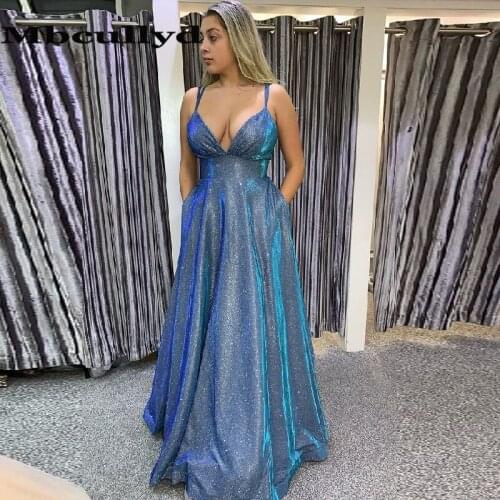 Mbcullyd Glitter A-line Prom Dresses For Women 2020 Sexy V Neck Evening Dress With Pocket Vestidos De Fiesta De Noche Customize