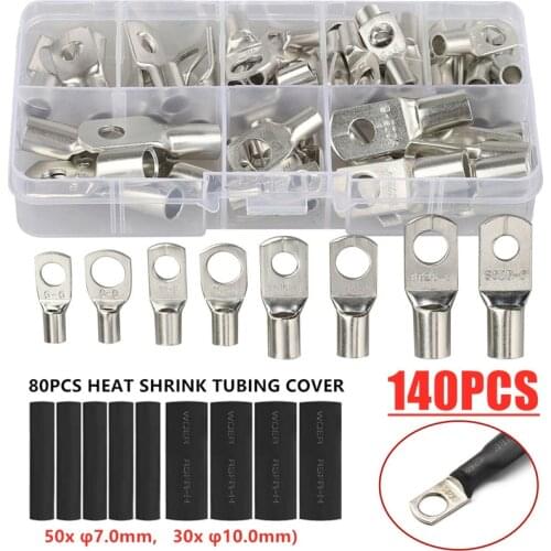 140PCS Car Auto Copper Ring Terminal Wire Crimp Connector Bare Cable Battery Terminals Soldered/Crimp Connectors Assorted Kit