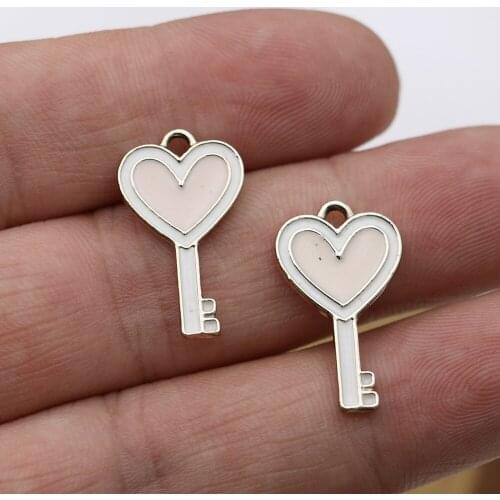 5Pcs Silver Enamel Pink Heart Key Charms Pendant for Jewelry Making Earrings Bracelet Necklace Accessories DIY Findings