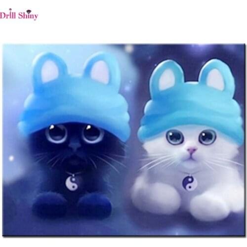 5D Diy Diamond Painting Cross Stitch Cartoon Cat Diamond Embroidery White Black Cat Square Cute Children Painting Mosaic Picture