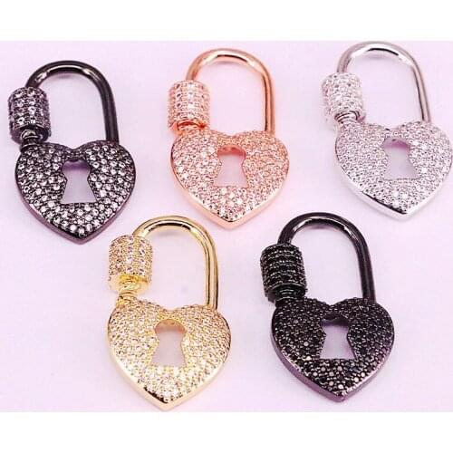 6Pcs, Hot CZ Micro Pave Heart Lock Shape Clasp, Gold/Rose gold/Gunmetal/Silver Clasp Lock, Carabiner Pave Lock, Findings