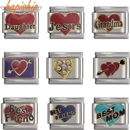 Hapiship 9mm Width Original Daisy Heart Jesus Daughter Best Friend Best Mom Love Charm Fit Bracelet Stainless Steel Links DJ117