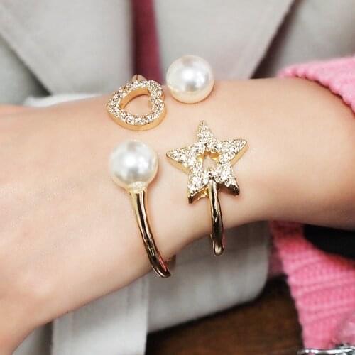 Imitation Pearl Cuff Bracelet Women Wedding Jewelry Rhinestone Heart Bracelet Statement Metal Bracelet For Girl Gift UKMOC