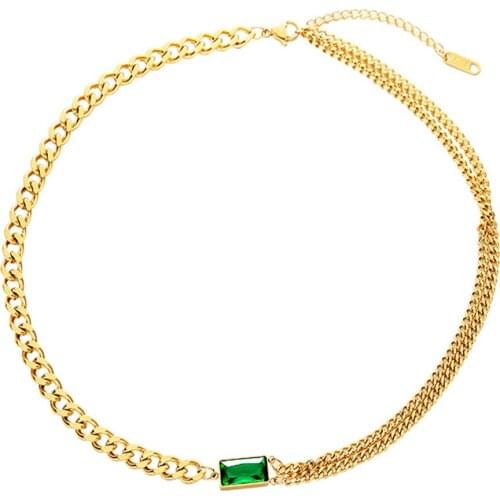 FIREBROS FTC014 18" Gold Color Womens Stainless Steel Cuban Chain Choker Necklace Jewelry With Luxury Green Stone Free Shipping
