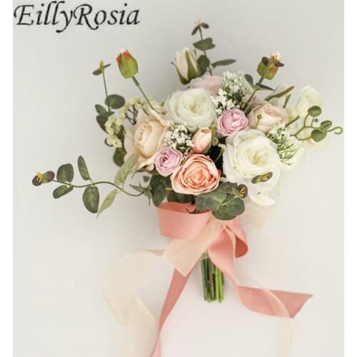 EillyRosia 2021 Pink Cream Wedding Bouquet for Bridesmaid Flower Beautiful Natural Greennery Country Wedding Photography Outdoor