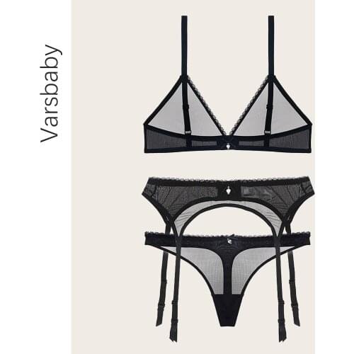 Varsbaby sexy deep V bra+thongs+garter 3pcs transparent underwear set seamless bras and G-strings set