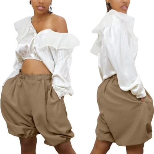 American and European Solid Color Short Trousers Casual Wear Elastic Waist Wide Leg Pants High Streetwear Women Fashion