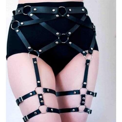 Fashion Design Criss-cross Style Leg Cincher Caged Belts Punk Leather Garter Harness With Adjustable Waist Belt Studs Decoration