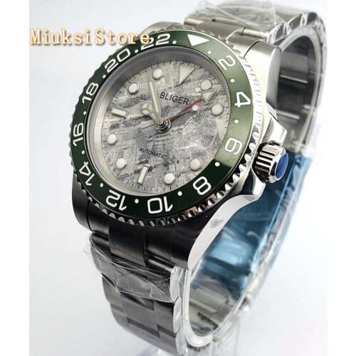 Bliger 40mm mens top luxury mechanical watches silver case sapphire glass ceramic bezel GMT date window automatic watch