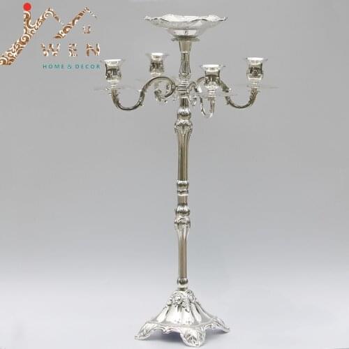 Wholesle Silver finish candelabrum 63cm height 5-arms candelabra with flower bowl/tray in the center for weddings or events