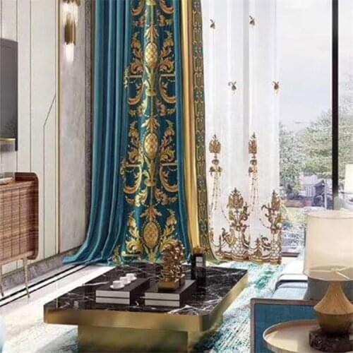 Custom curtains High-class European embroidered velvet thick duplex blue cloth blackout curtain tulle valance drape C129