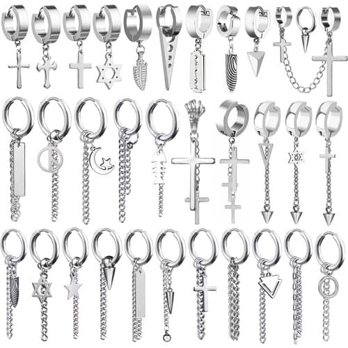 SOHOT Unisex Cross Moon Star Fish Bone Hoop Stud Earrings Man Gothic Titanium Steel Leaf Triangle Geometry Punk Multiple Street