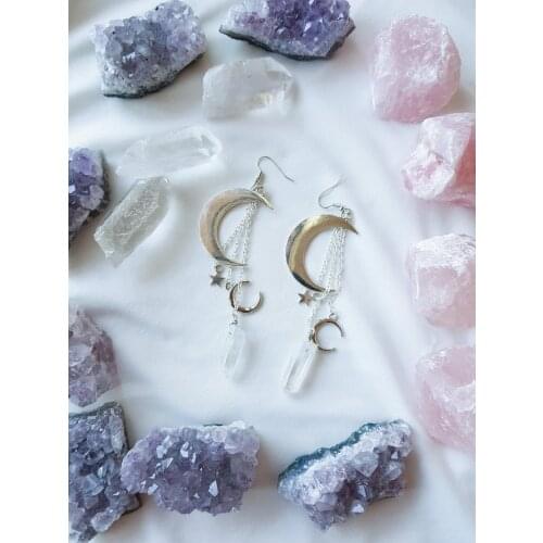 White Silver plated Quartz Crystal Aura Witchy Earrings,Crescent Moon Gothic Occult Crystal Crown Accessories Jewelry Earrings