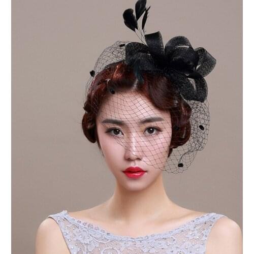 Bridal Hats Linen White/Black Ladies Sinamay Wedding Fascinators Hat with Feather Hair Clip Hair Accessores