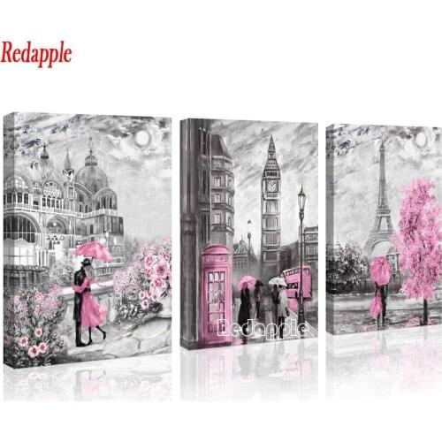 Triptych Diamond Embroidery London Big Ben Eiffel Tower Black White pink art Full Square/Round Drill 5D DIY Diamond Painting