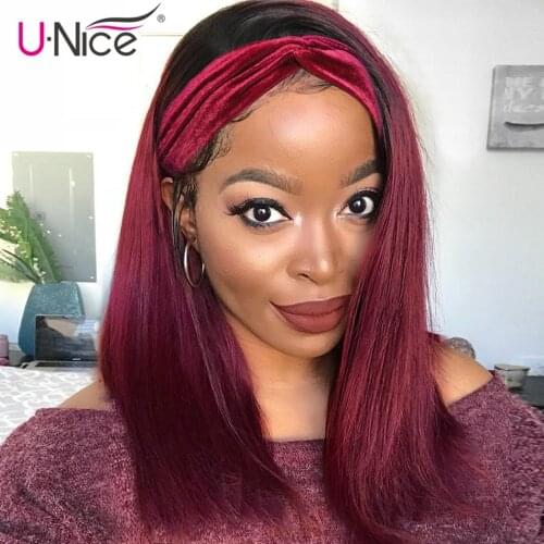 Unice Short Ombre Bob Wigs Burgundy Glueless Human Hair Headband Wigs Short Straight Bob Wigs Wear And Go For Women