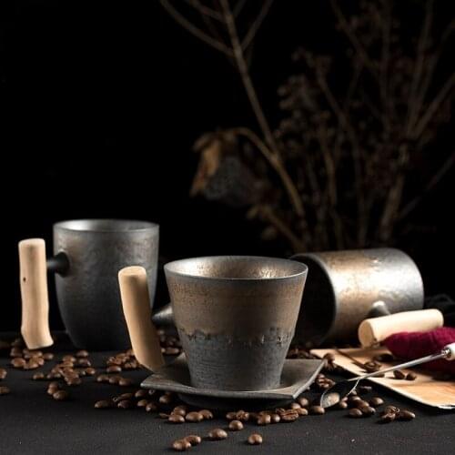 Japanese Style Ceramic Office Tea Mugs Vintage Water Cup Retro Coffee Milk Beer Mug with spoon Wood Handle Water Cup