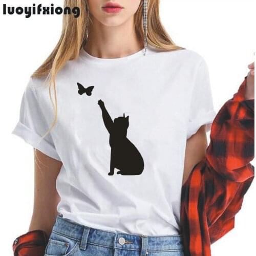 Luoyifxiong Cat Catching Butterfly Printed Funny Women Tshirt Short Sleeve Casual Tee Shirt Femme 2021 Summer T-shirt Women Tops