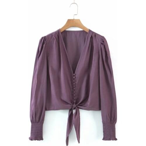 Spring Women V Neck Single Breasted Hem Knot Short Shirt Female Long Sleeve Blouse Casual Lady Loose Tops Blusas S8657