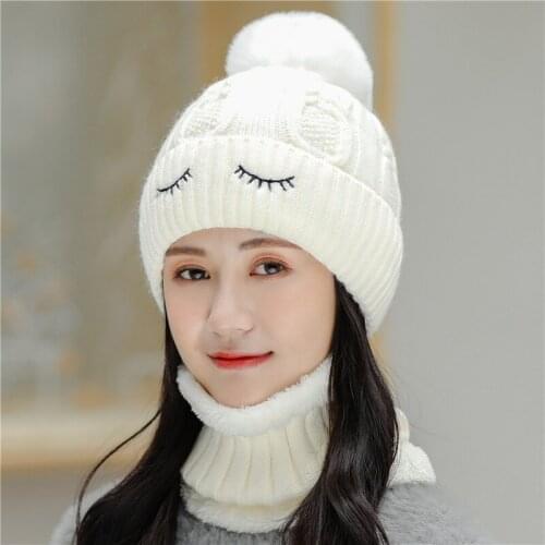 New Hat & Earmuffs Set Women Winter Hats Add High Quality Fur Lined Warm Knitted Hat For Female Keep Face Warmer Pompoms