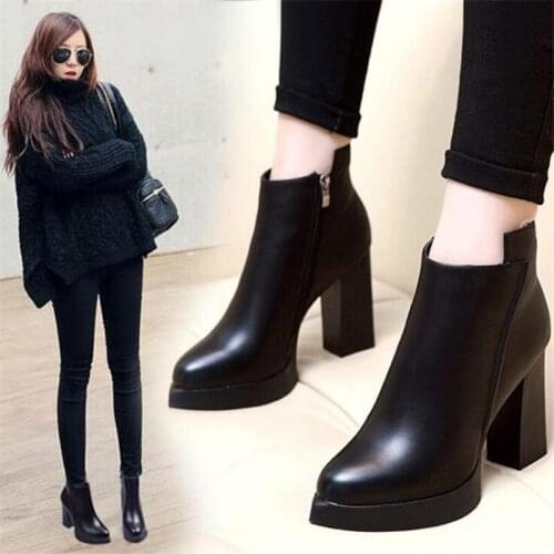 2019 Women Ankle Boots Quality PU Sexy Women Shoes Platform Square High Heel Winter Shoes Women Boots Size 34-39