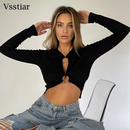Vsstiar Full Sleeve Black Crop Top Autumn 2021 New Hollow Out Skinny Club Party Ladies Clothes Fashion Street T-Shirt Women