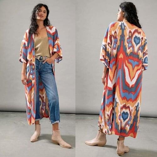 2021 Beach Kimono Bikini Cover up Robe Beachwear Kaftan Long Dress Swimsuit Cover up Print Tunic for Beach Sarong Pareo Dress