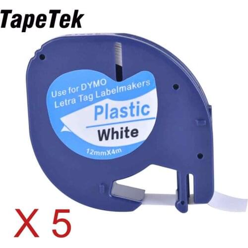 5 Compatible Black on White (12mm x 4m) Plastic Label Tapes for Dymo LetraTag QX 50, XR, XM, 2000, Plus Label Makers