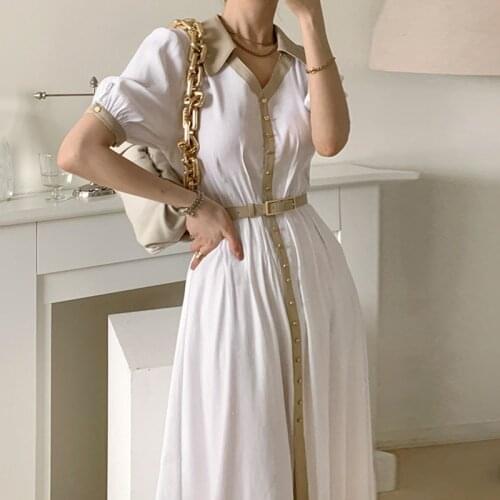 A-Line 2021 Dress Summer Elegant Vintage Boho Dresses Women Sexy Short Sleeve Party Puff Sleeve Slim V-neck