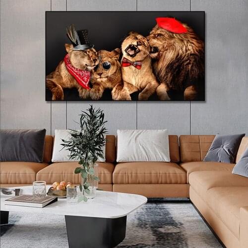 African Animal Posters Canvas Prints Wall Art Canvas Painting Lions Wear Glasses Family Picture for Living Room Home Decoration