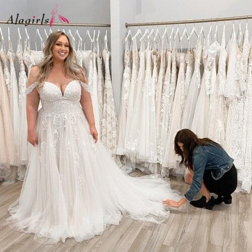 Alagirls Off The Shoulder Plus Size Wedding Dress 2020 Tulle Sweetheart Lace-Up Court Train Bridal Gown Custom Made